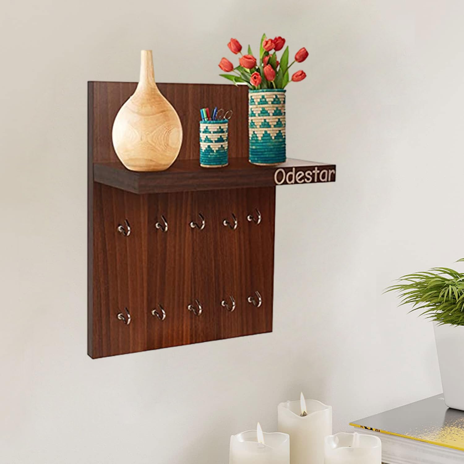 Odestar Wall Mounted Home Decor Key Chain Holder Organizer Key Hooks with Wall Shelf Display Rack Engineered Wood-Model-Drew, 10 Hooks, Color- Classic Walnut (B08V1GJ3K9) Amazon Price History, Amazon Price Tracker