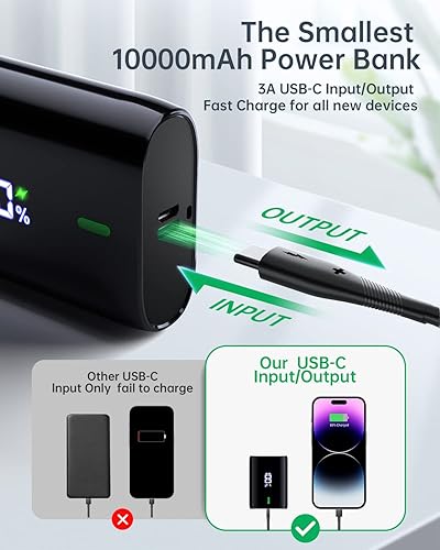 Miniatura 4 de Coolreall Mini cargador portátil, banco de energía de 10000 mAh con pantalla LED, 3 A USB C (entrada y salida), cargador de batería de teléfono