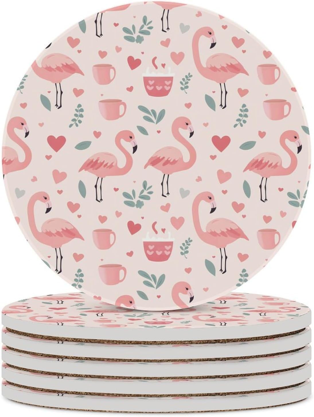 Flamingos and Coffee Round Ceramic Coasters for Drinks Absorbent Cup Holder Tabletop Protector with Cork Base