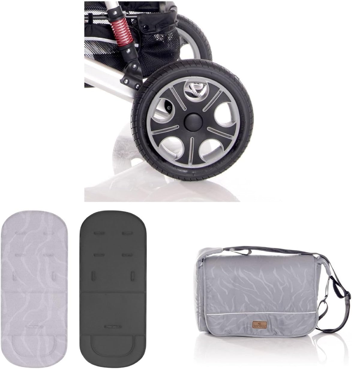 Close-up of stroller rear wheel and brake pedal