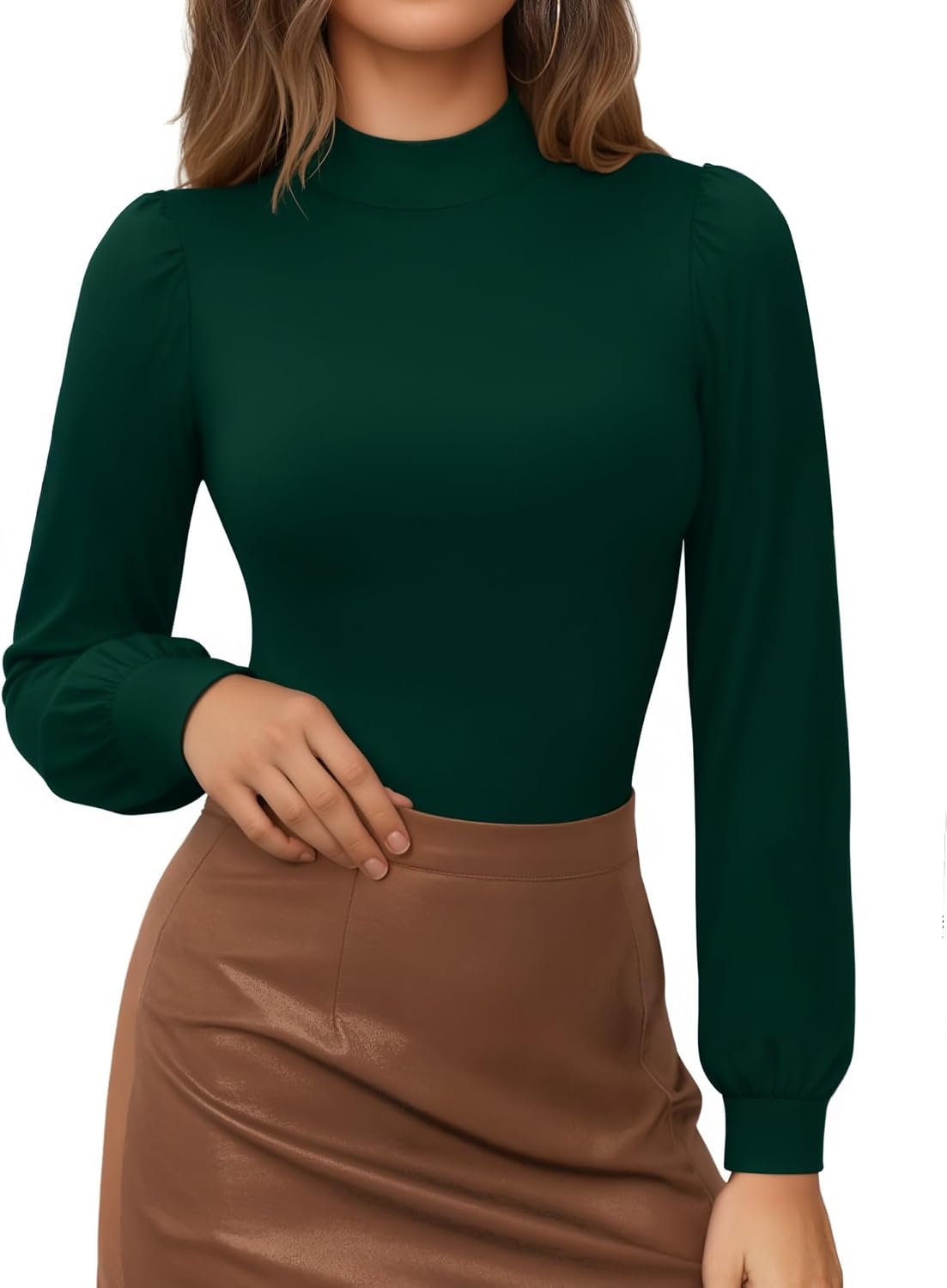 MANGOPOP Mock Neck Puff Sleeve Bodysuit Turtleneck Loose Lantern Long Sleeve Body Suit for Women for Going Out
