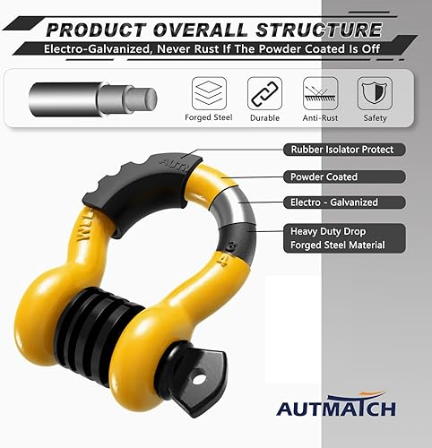 Vista 100 de AUTMATCH- 2 grilletes en D de 3/4 pulg, 41,887 Ib, resistencia a la rotura, tornillo de 7/8 pulg, pasador y grillete, aislante y arandelas, Negro