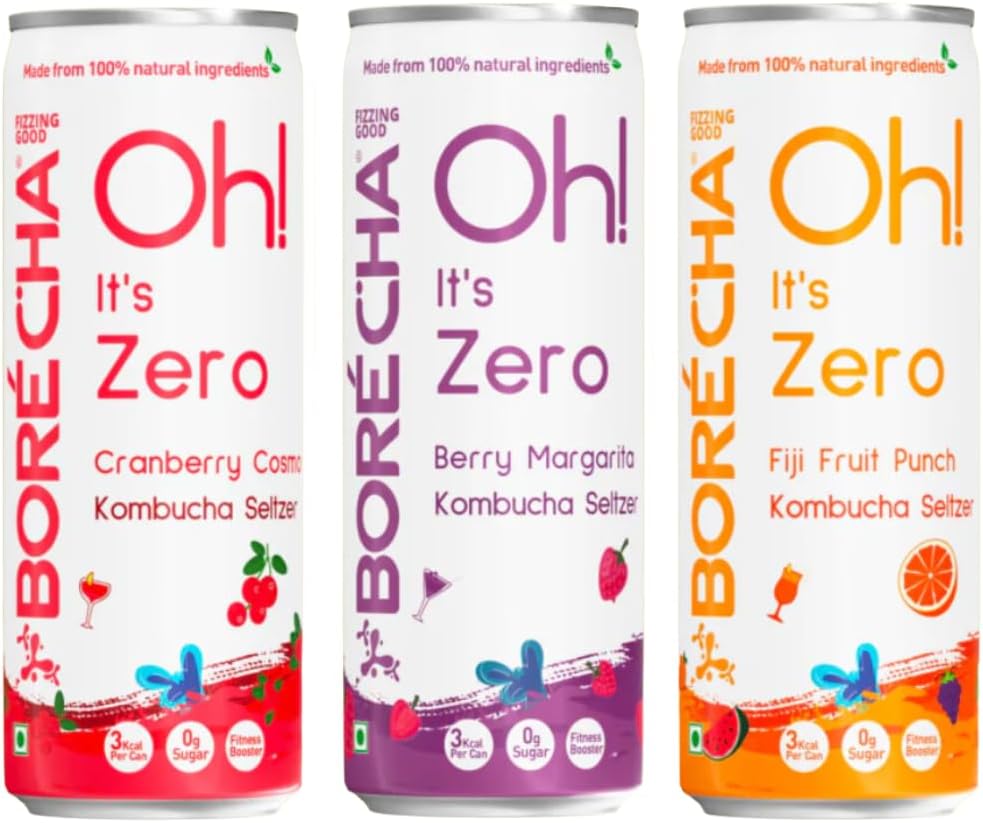 BoréchaOh! Zero Sugar Kombucha Seltzer Variety (6-Pack) - 2 x 330ml per Flavor: Fuji Fruit Punch, Berry Margarita & Cranberry Cosmo Prebiotic | 100% Natural | Gut Friendly | Low Calorie