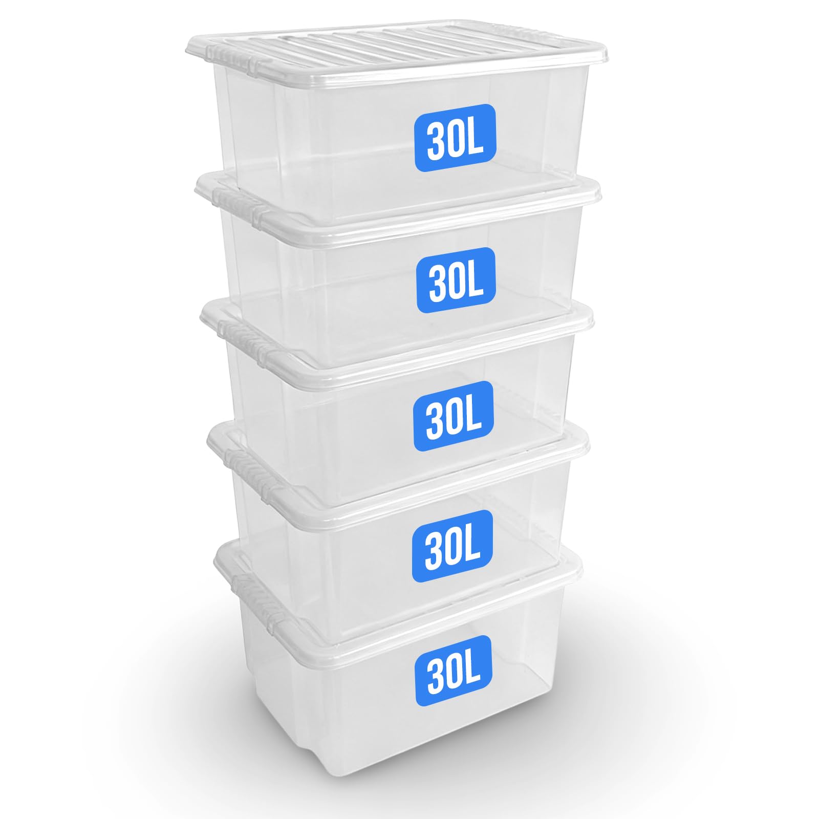 KAPCO 30L Plastic Storage Box with Clear Lid (Pack of 5) | Medium, Stackable, Strong, Durable Clear Box Containers for Home & Office | Multipurpose Storage Tubs | 45 x 35 x 26cm | 30 Litre - 5 Pack