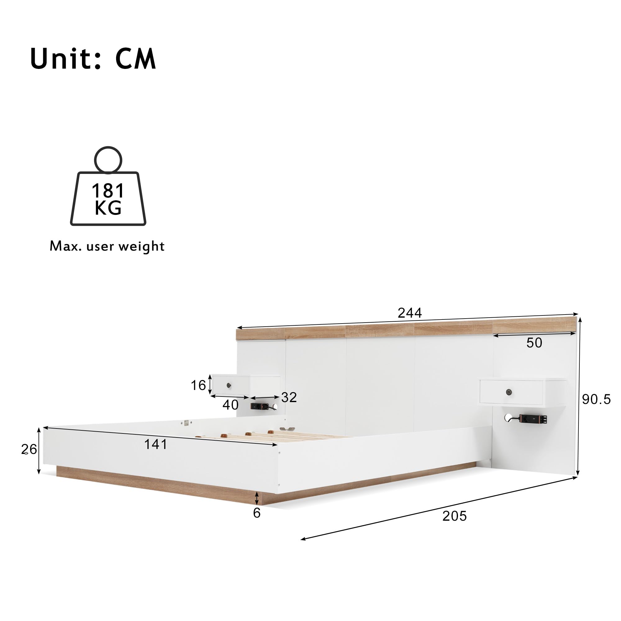 FEZTOY Doppelbett Bettanlage mit 2 Nachtkommoden & USB C Steckdose 140 x 200 cm - Holzbett Schlafzimmer Komplett-Set in Eiche Sonoma, Ohne Matratze (mit 2 Nachttischen, 140x200)