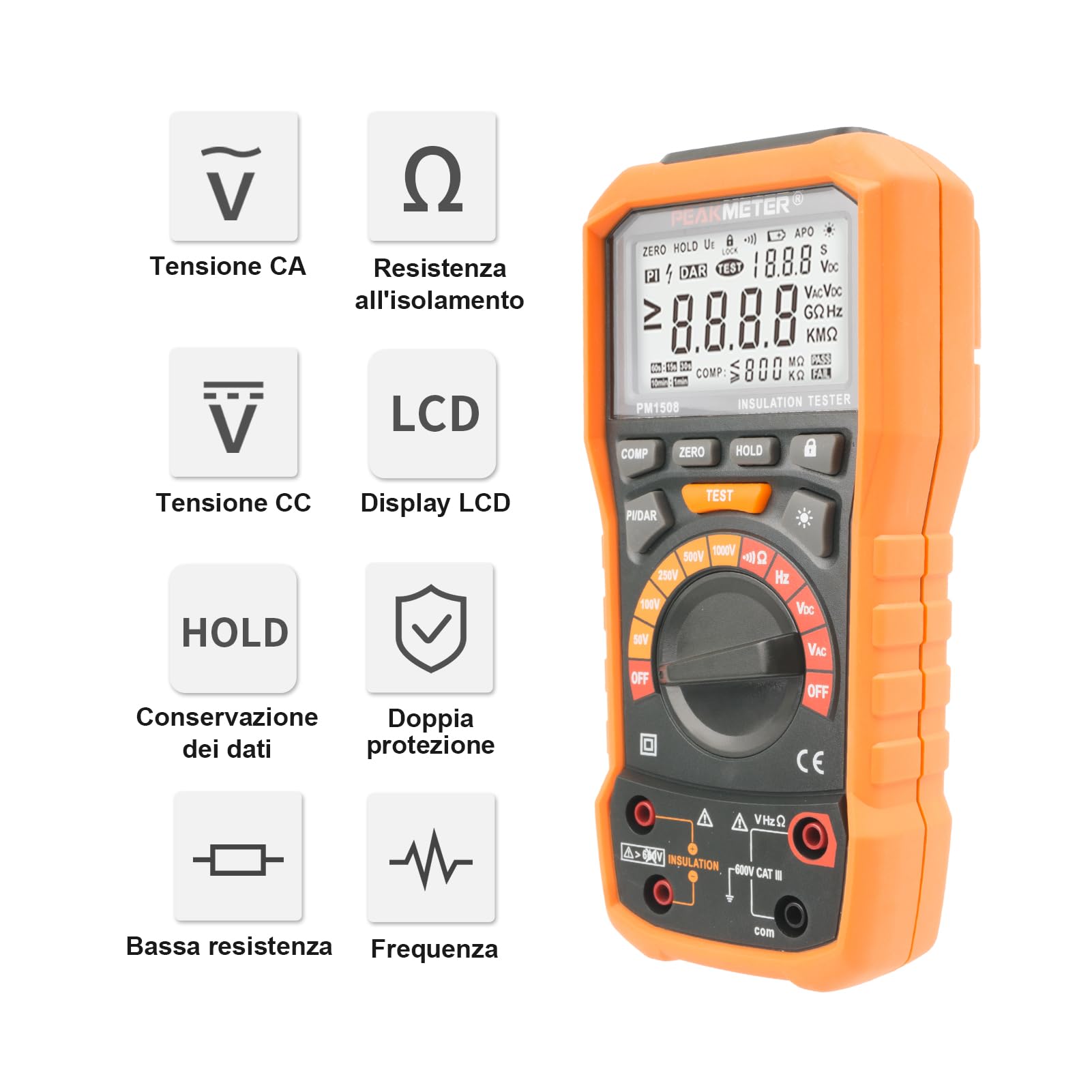 Megohmmetro, testatore di resistenza dell'isolamento, 50V-1000V,100GΩ | Megohmmetro,multimetro, 50V/100V/250V/500V/1000V, resistenza fino a 100GΩ con PI, DAR, frequenza, prova di bassa tensione
