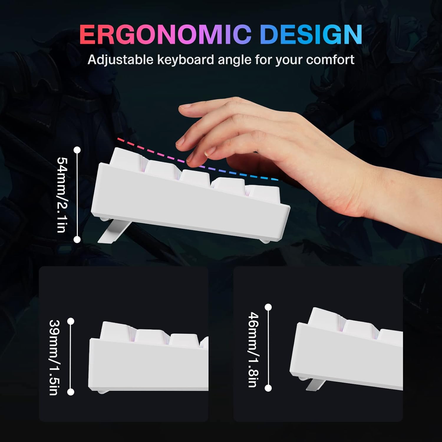 Keyboard showing adjustable angles for ergonomic comfort