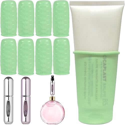 KEMETIK Paquete de 8 fundas de silicona para artículos de tocador de viaje, paquete de 2 perfumes de viaje recargables, reutilizables, fundas de