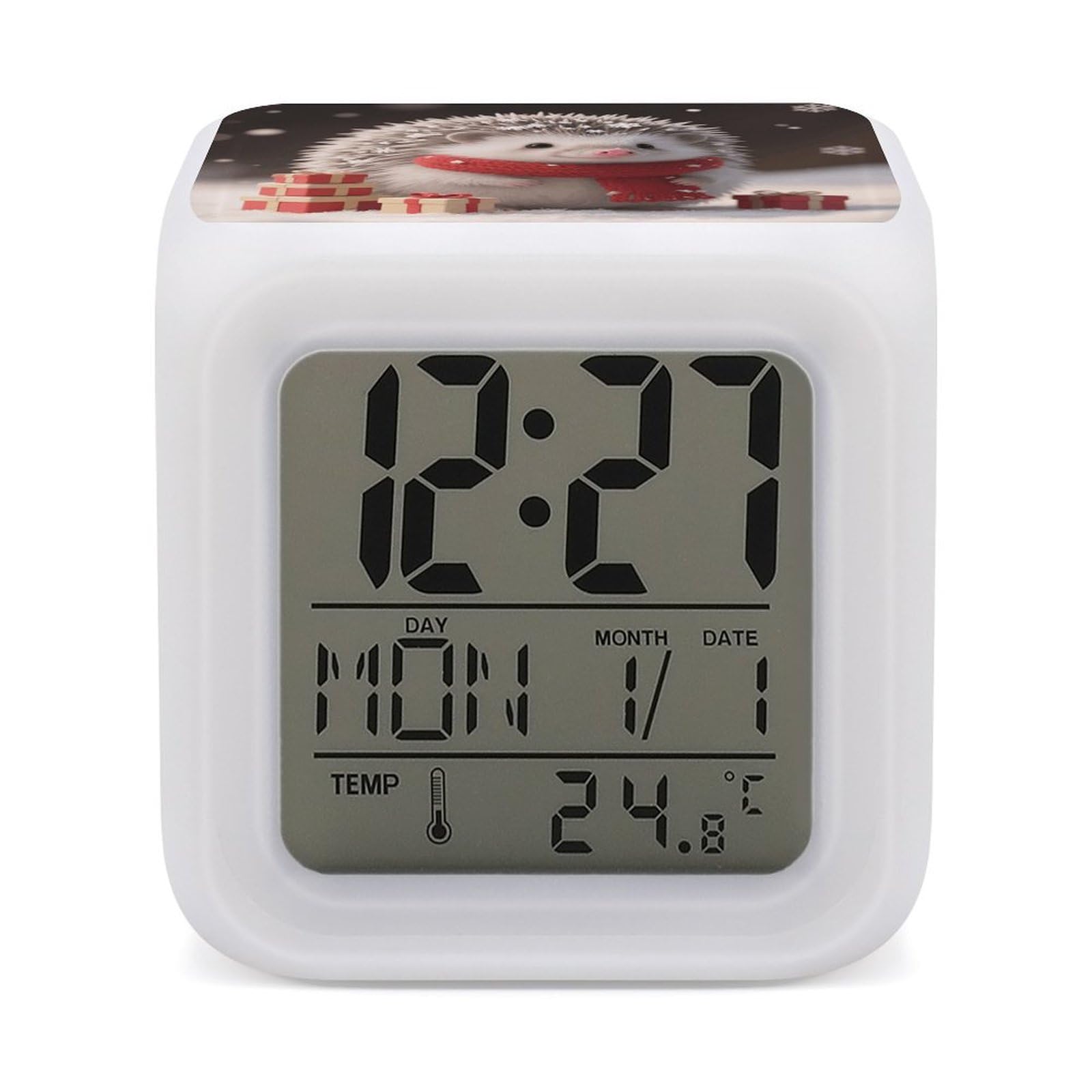 7 Color Ambient Night Light Cube Battery Operated Christmas Hedgehog Digital Clock with Snooze Temperature LED Digital Alarm Clocks Dimmable Wake Up Light Portable Mood Lamp for Bedroom Desk Gift