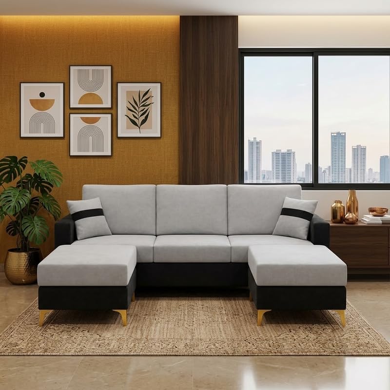 Image of Strike Dual Tone Plush 5 Seater L Shape Sofa Set with 2 Movable Ottomans | Flexible Layout | Silken Velvet Suede| Golden Metal Legs | for Living Room & Office (Light Grey & Black)