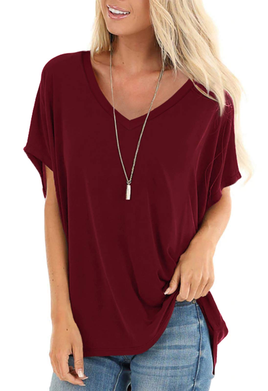 SAMPEELWomens Summer Dolman Sleeve V Neck Casual Tops Tshirts