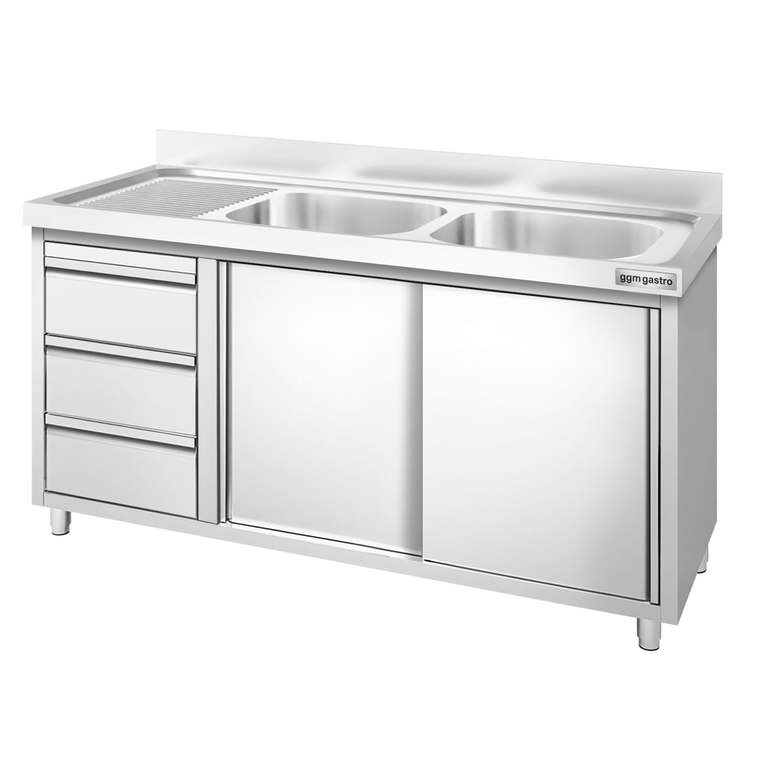 GGM Gastro | SSAAK146BR2S#ST3K46 | Spülschrank PREMIUM - 1400x600mm - mit 3 Schubladen & 2 Becken rechts