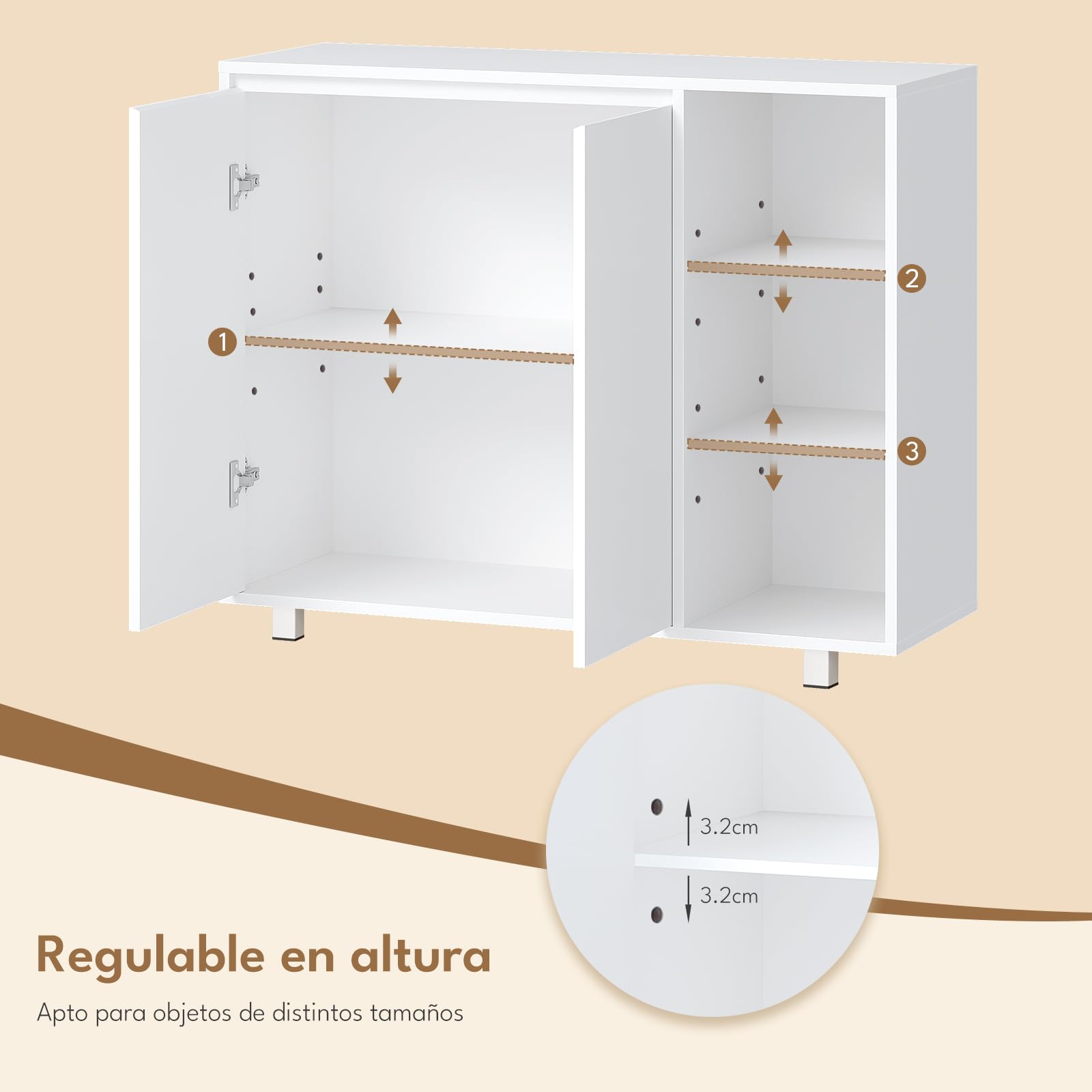 BEWISHOME Mueble de Baño con 2 Puertas y 3 Estantes Ajustables Abiertos | Armario Baño,Amplio Espacio de Almacenamiento,Ideal para Baño,Salón y Cocina,35 x 100 x 80 cm,Blanco