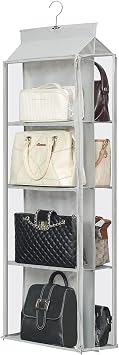 8 Grids in 1 Rotatable Hanging Purse Handbag Organizer with Double Zippers, Visible Purse Organizer for Closet, Fully Enclosed Handbag Storage Holder