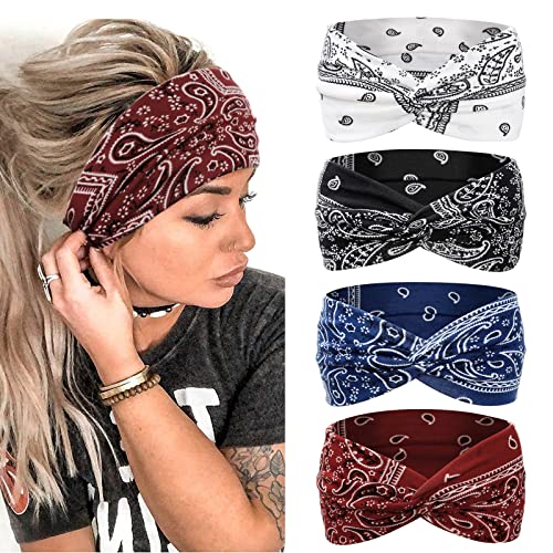 MISUPORVE Boho Wide Headbands for Women Non Slip Stretch Cloth Workout Headband Yoga Running Sport Hairbands Fashion Head Bands for Women’s Hair Accessories 4 Pcs