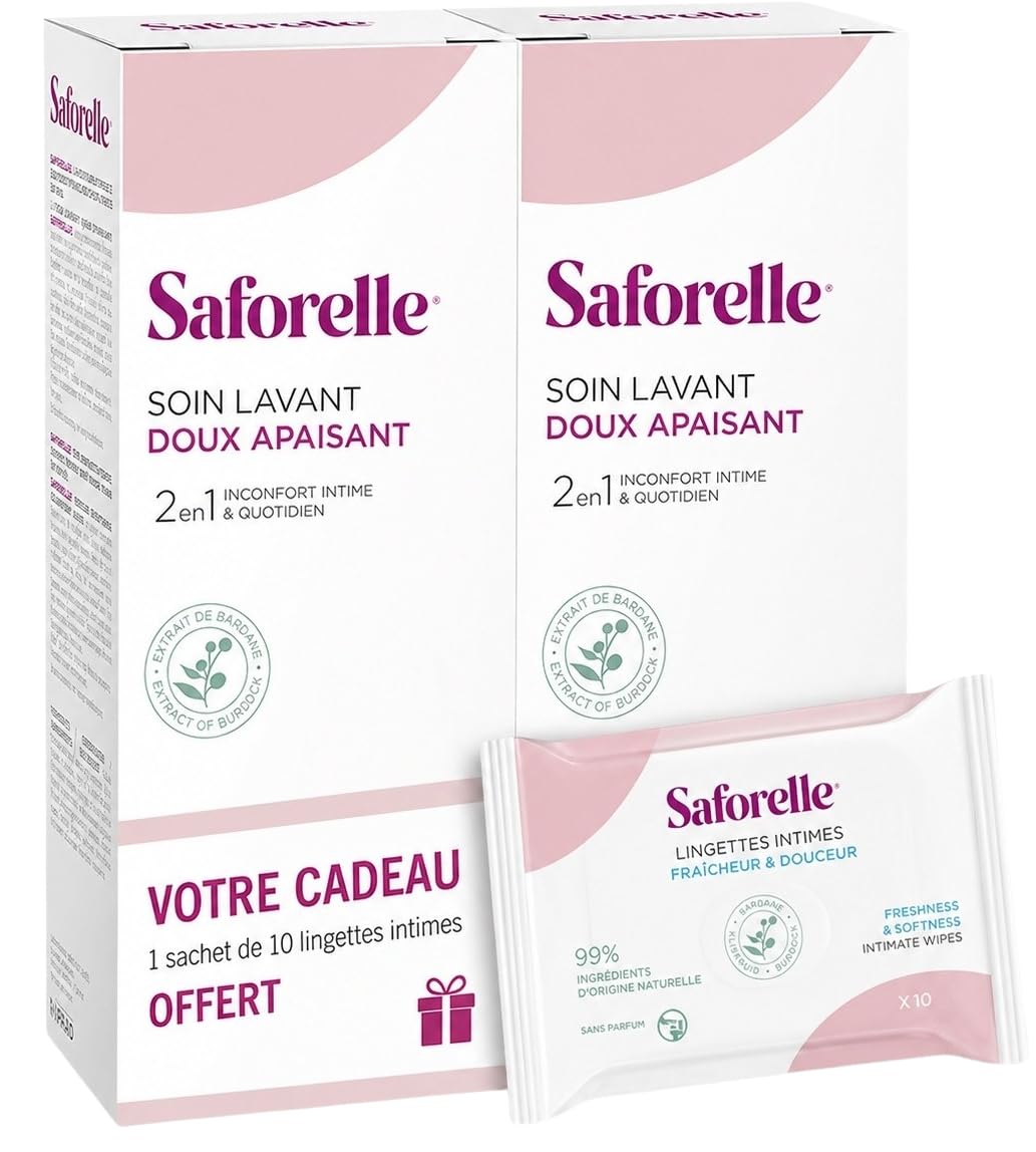 Saforelle Soin Lavant Doux Lot de 2 x 500 ml + 1 Sachet de Lingettes Intimes Offert