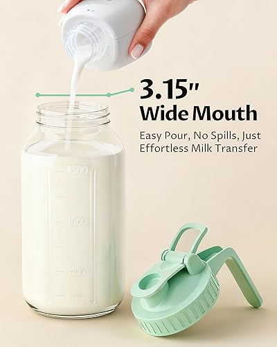 Miniatura 4 de Jarra de leche materna de vidrio de 64 onzas con tapa y boquilla de vertido, recipiente de almacenamiento de leche materna hermética de 2 cuartos de