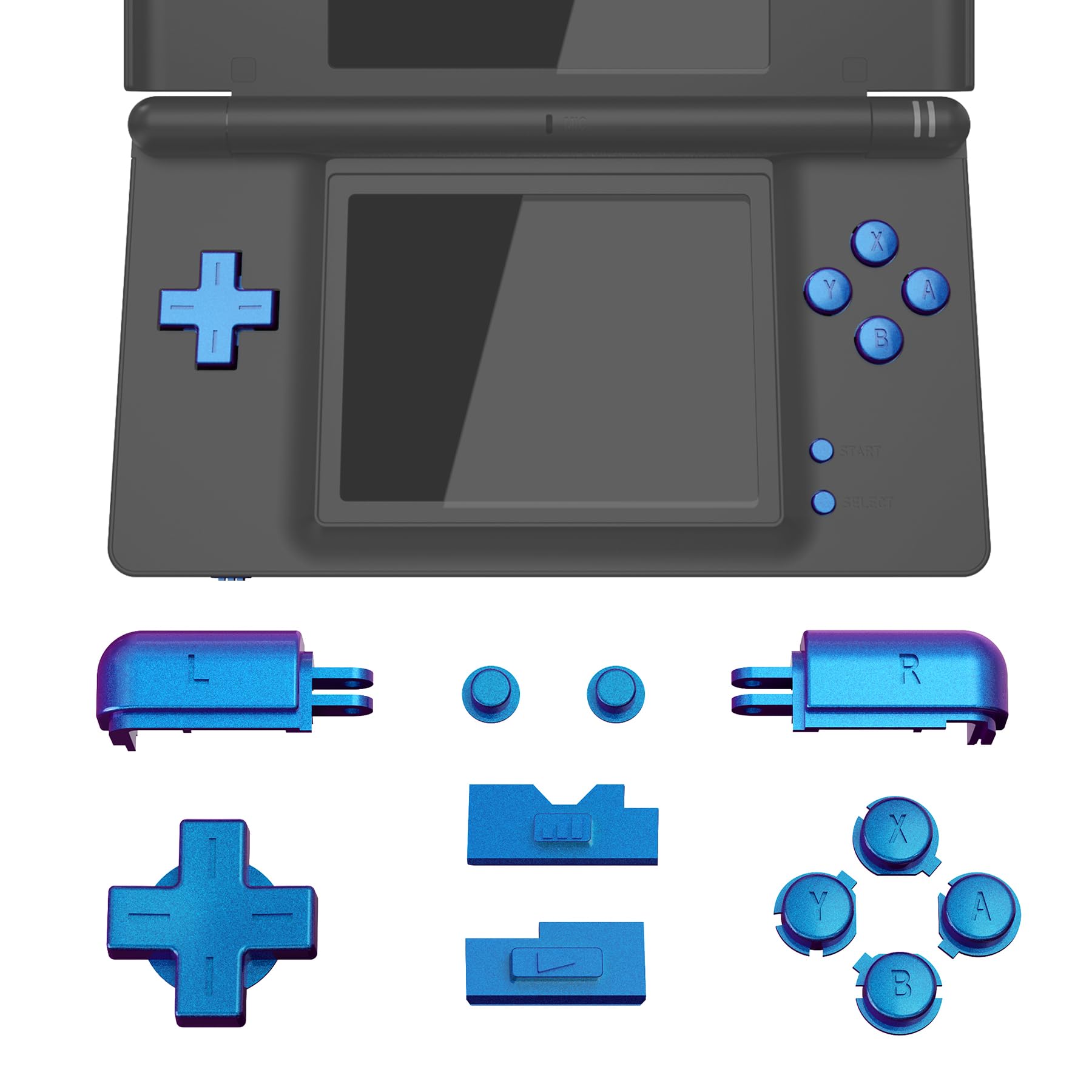 eXtremeRate ds liteコントローラーに対応用交換フルセットボタン、ニンテンドーds lite NDSL用カスタムDパッドABXY/スタート/セレクト/RL/Power Volumeキー(本体は付属していません)【カメレオンパープルブルー】