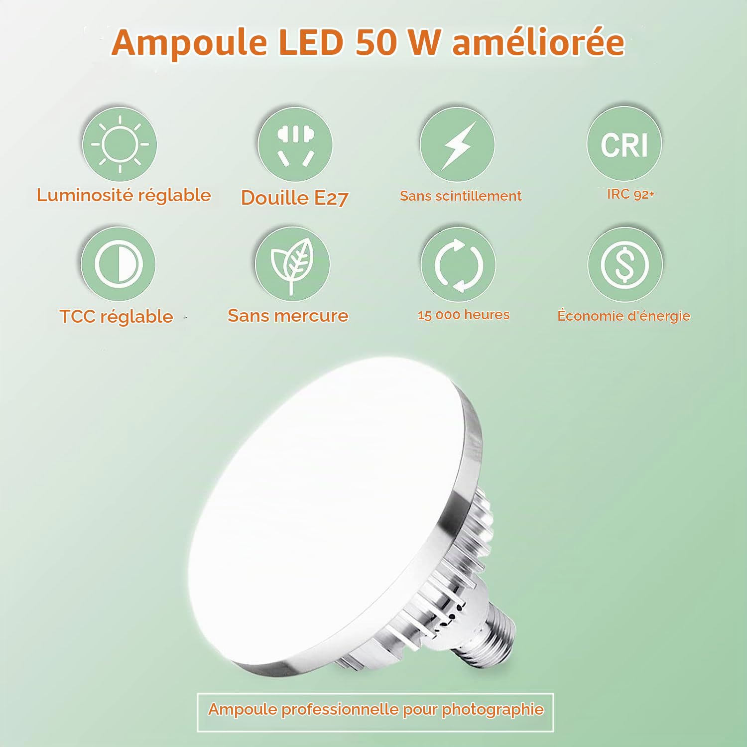 2X 50W Photographie Ampoule LED Lampe Photo Bicolore dimmable E27 3000-6500K Studio Photo Ampoule lumière du Jour pour Studio Photographe Enregistrement vidéo Softbox Éclairage Domestique