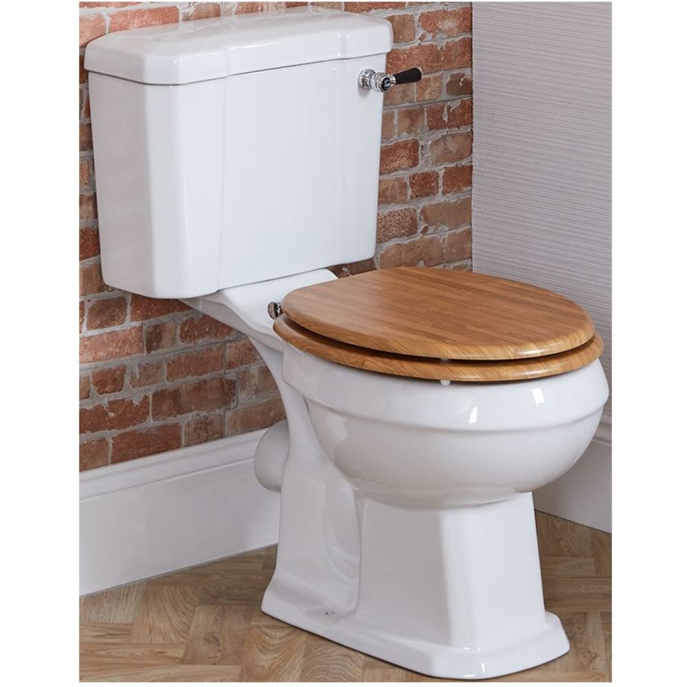 Milano Chrome & Black Handle / Oak Seat Richmond Comfort Height Close Coupled Toilet Wc Oak Effect Seat - Chrome Black Handle