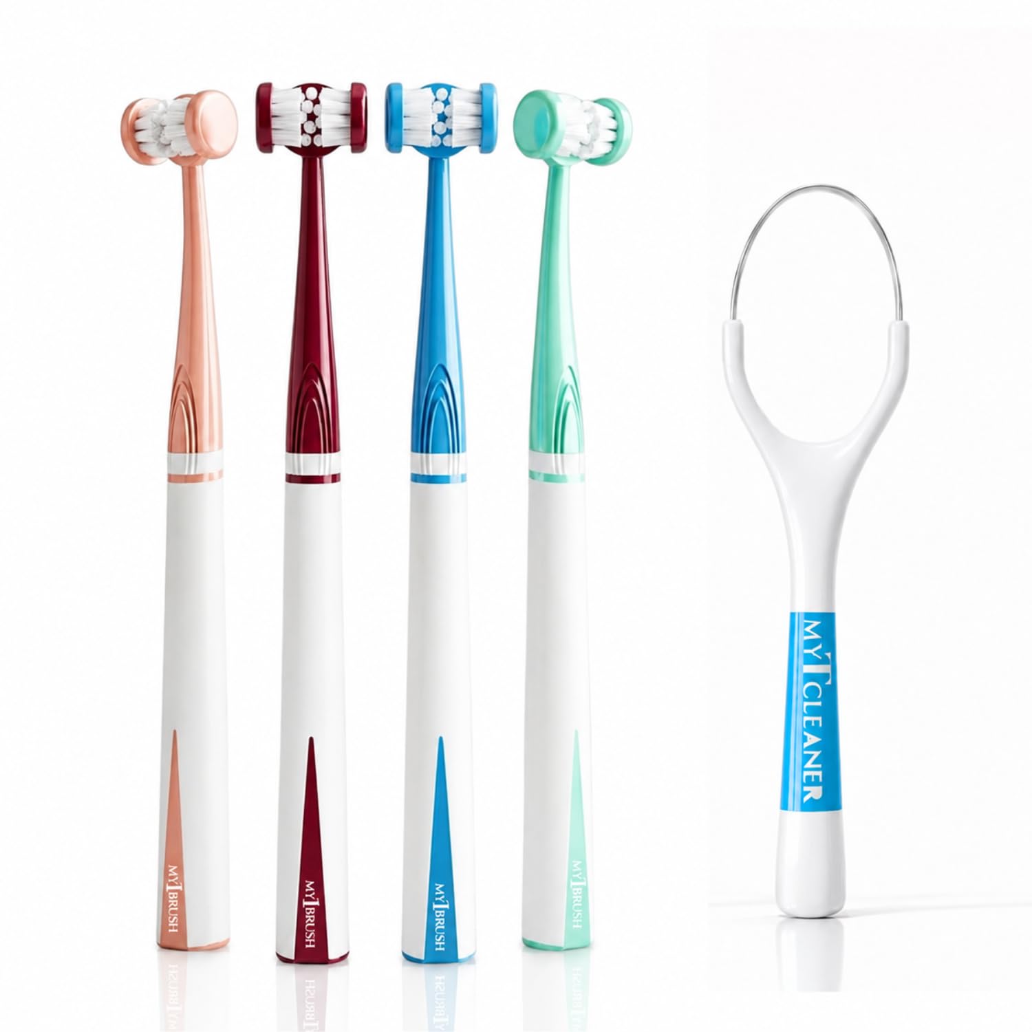 my1brush family pack | 3-sided ultra soft bristle toothbrush for adults | cleans 3 surfaces at once | bpa-free | 4 toothbrushes + free tongue cleaner