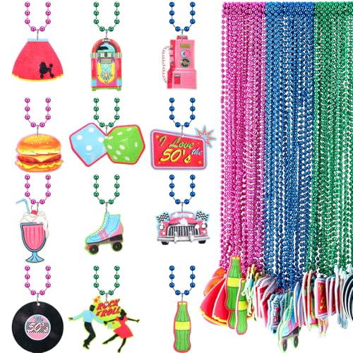 Ecally 48 Pack 50s Party Beaded Necklaces Bulk 1950s Rock and Roll Necklaces Blue Green and Rose Red Beaded Necklace for 50s 60s Theme Party Favor Carnival Birthday Mardi Gras Party Supplies,12 Styles