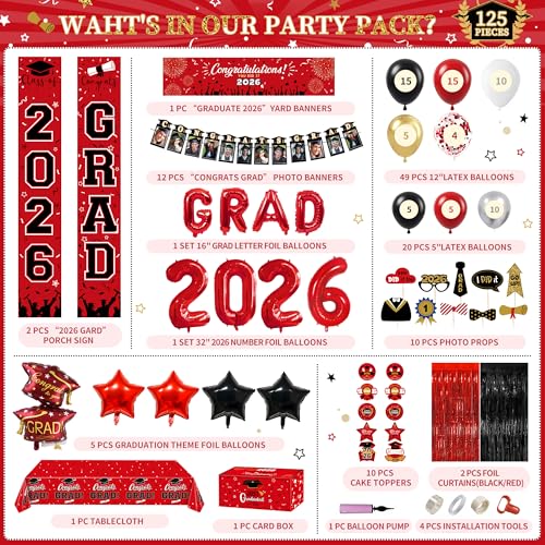 Image of Party Spot!125 PCS Red and Black Graduation Party Decorations, 2026 Graduation Party Decorations, Class of 2026,Comgrats Grad Photo Banners, Tablecloth, Balloons, Cake Toppers