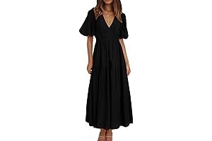 Women's 2024 Summer Maxi Dress V-Neck Puff Sleeves