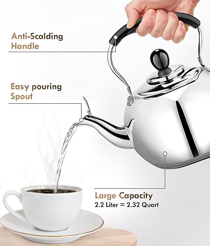 Miniatura 6 de Stove Top - Hervidor de té silbante  Hervidor de té de 2.64 cuartos de galón, ollas de té vintage, teteras de acero inoxidable de triple capa para