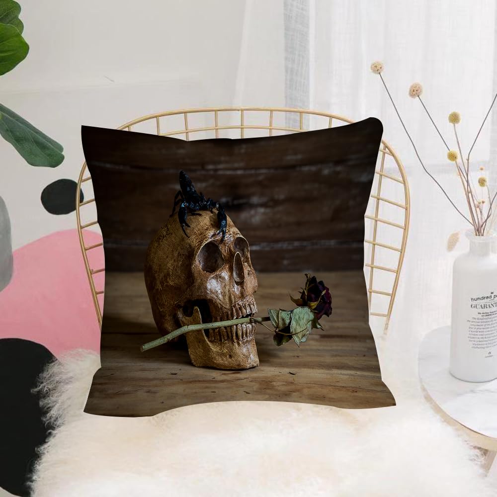 HYOSXW Cushion Cover,Throw Pillow Case Home Decorative for Living Room Bedroom Sofa Chair 16X16 Inch,Gothic decor, still life skull and rose periods with a scorpion on his head Ske,Pillowcase 40X40cm