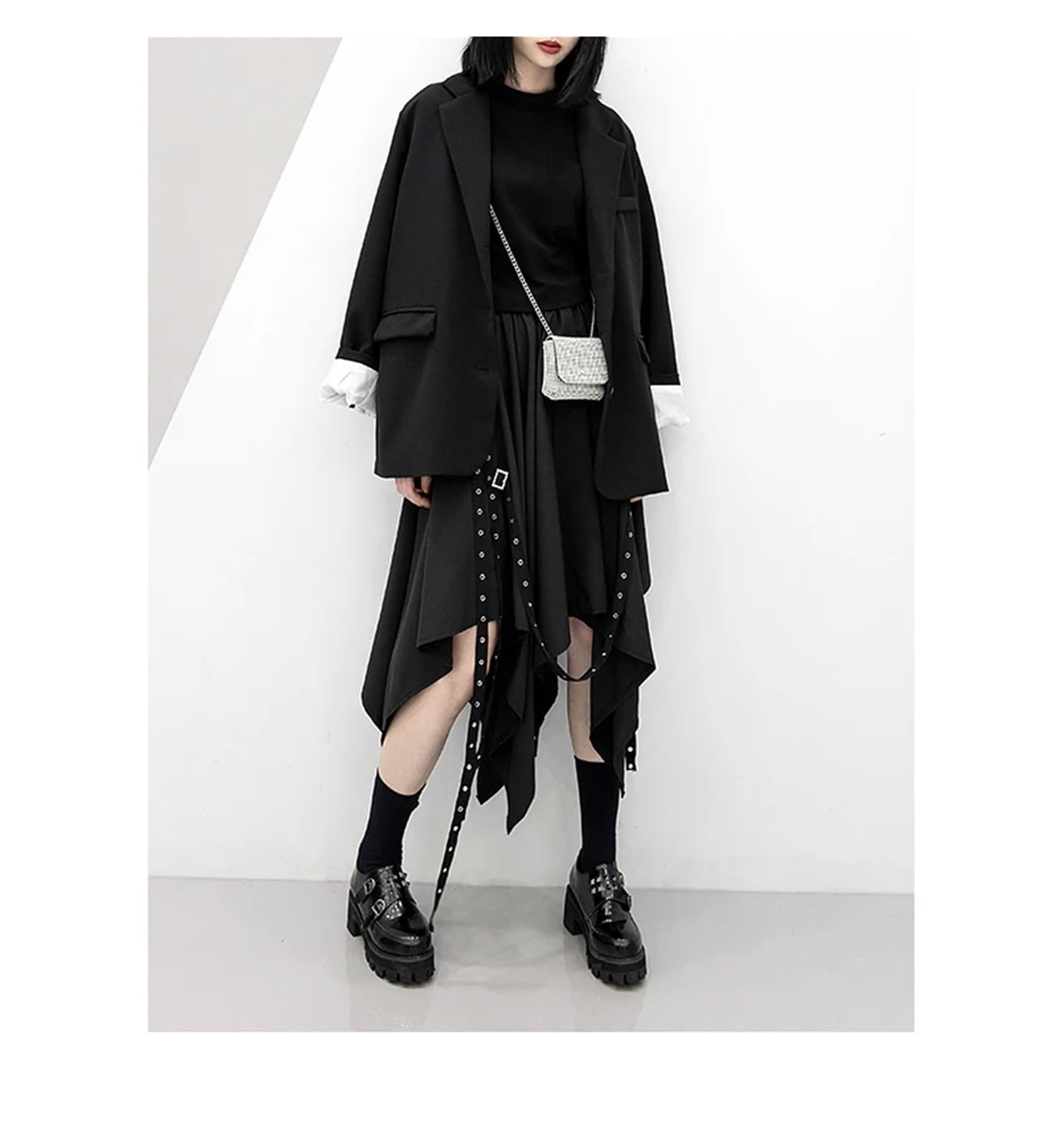 Falda Gótica para Mujer Falda Irregular for niña, Estilo gótico, Estilo Punk Callejero, con Lazo Oscuro y Hebilla de Tejido de Viento, de Longitud Media