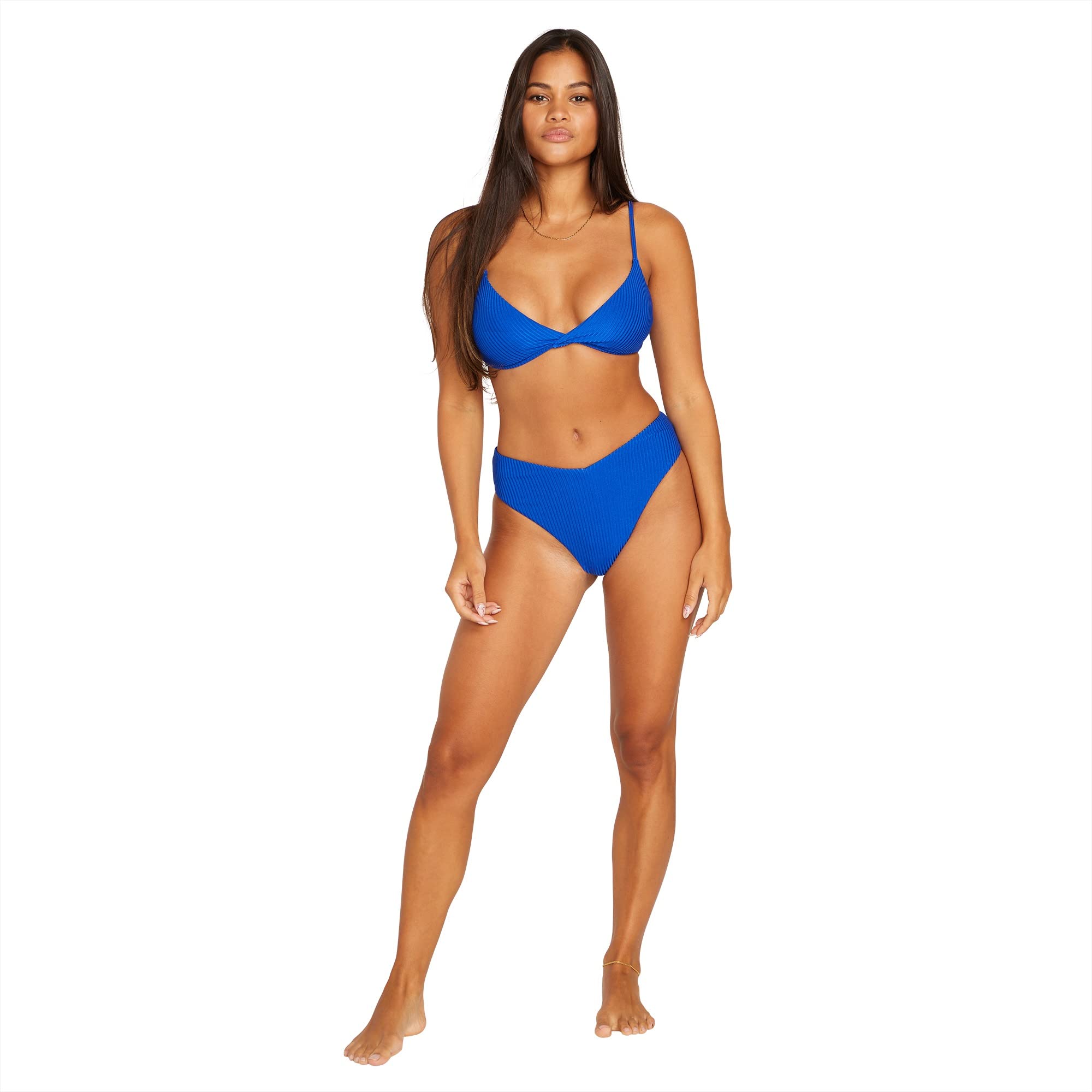 Bas de bikini Volcom bleu rétro en maille côtelée pour vos journées farniente à la plage