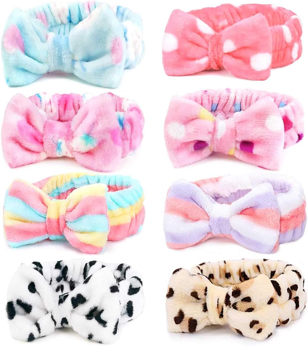 Coral Fleece Makeup Headbands with Bowknot, Face Washing Shower Headwraps for Women and Girls, Birthday Party Supplies 8PCS (Bow Hair Band-D)