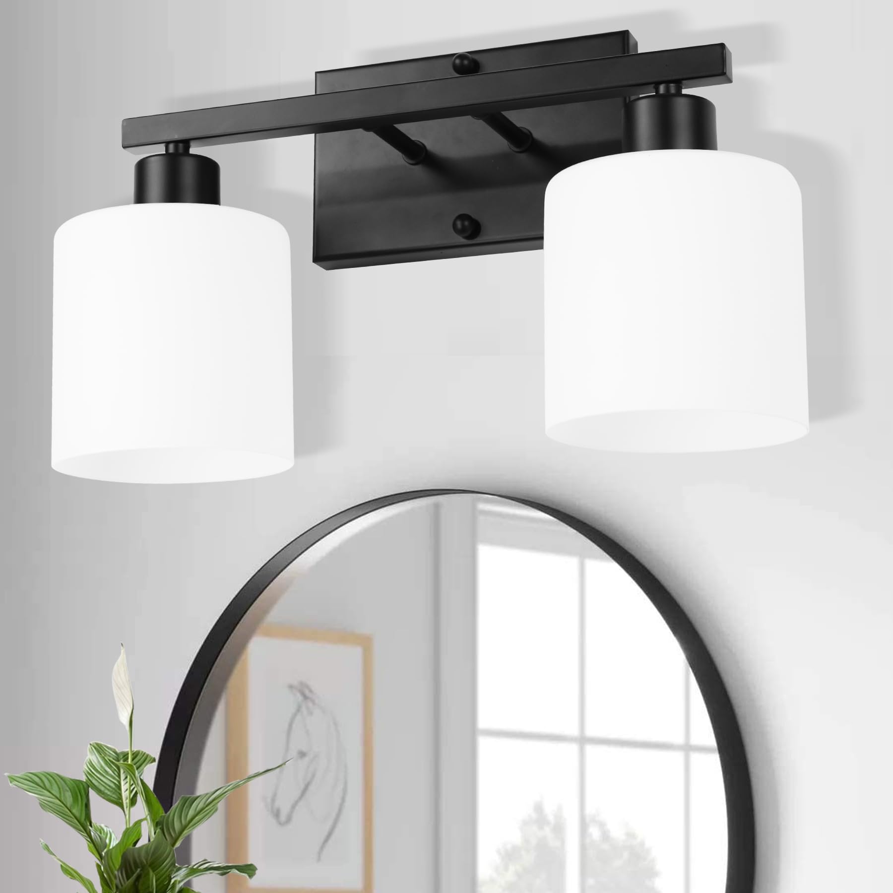 SILAMPDI Black Bathroom Lighting Fixtures Over Mirror, Modern 2-Light Vanity Lights Fixtures, Rustproof Wall Sconces Light for Bedroom, Hallway, Milky White Glass Shades, E26 Base, Bulbs Not Included