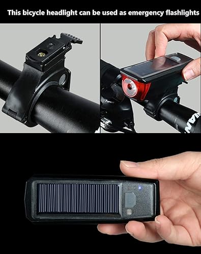 Miniatura 9 de Juego de luces delanteras de bicicleta recargables por USB solar, 5 modos, 120db, campana de bicicleta, 350 lúmenes, 4 modos, impermeable, salida