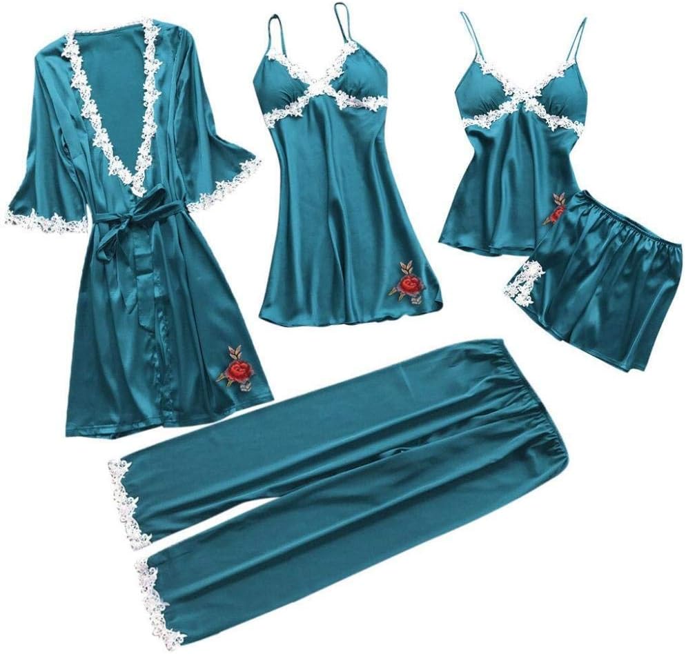 Women's Petite Lingerie Sets Women Pajamas Sets Faux Silk Pajamas Sleepwear Sets Elegant Sexy Lace Homewear V Neck-Blue_L