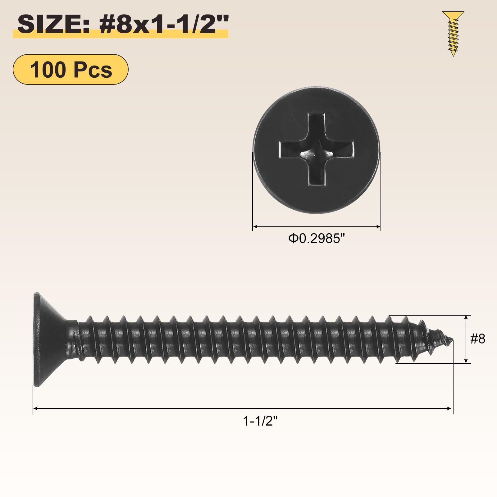 METALLIXITY Countersunk Phillips Wood Screw (#8x1-1/2") 100Pcs - Image 2