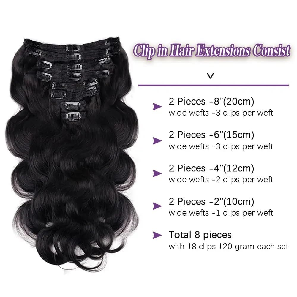 peruka Przedłużki do włosów Clip-In Body Wave 8 szt. z ludzkich Natural Black Do przerzedzających się włosów(20inches,120g-1 pack)
