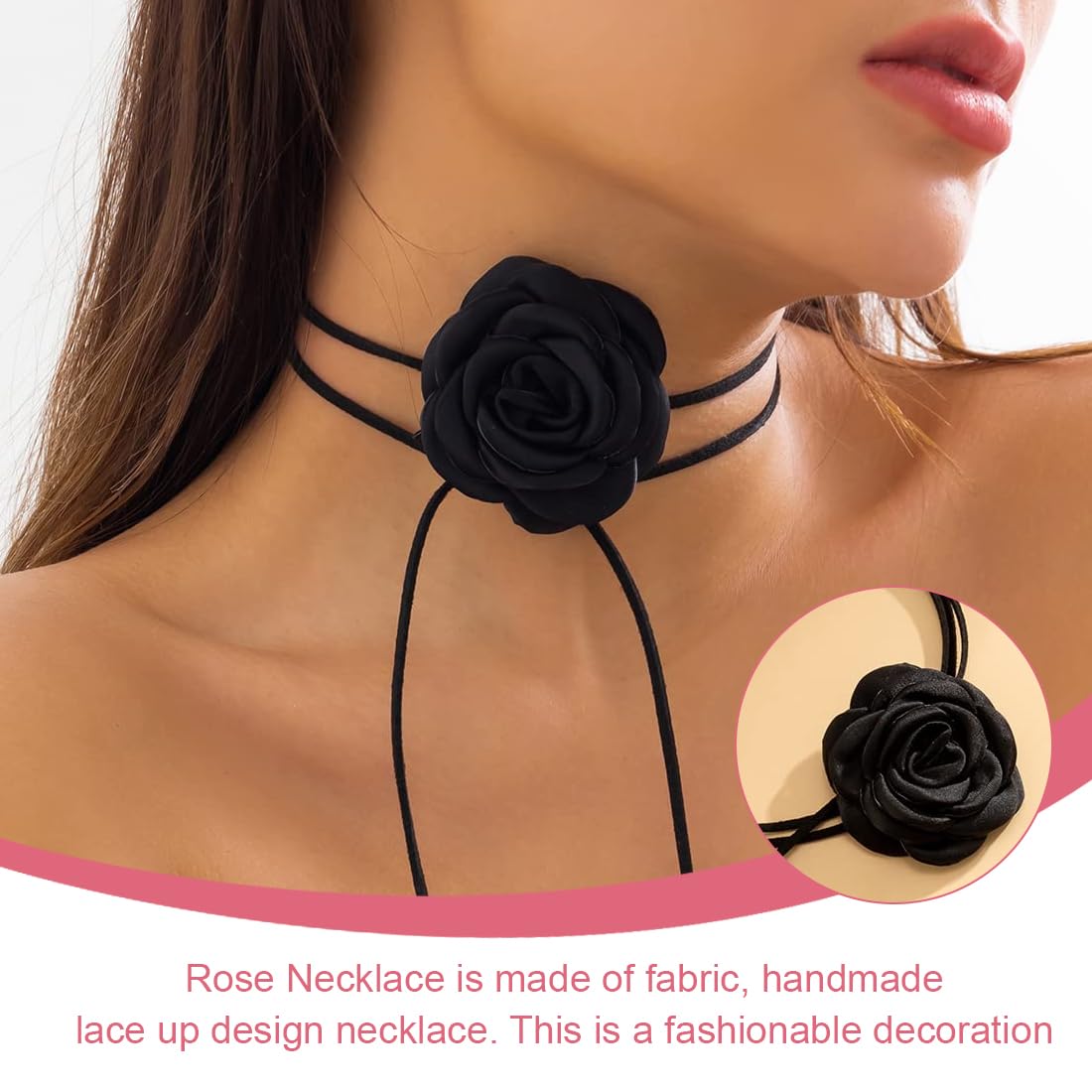 Collana Girocollo Floreale Fatta A Mano Con Rosa In Tessuto - Regolabile, Choker Nero Per Donna - Regalo Originale Per Matrimonio, Feste, Compleanno - 3