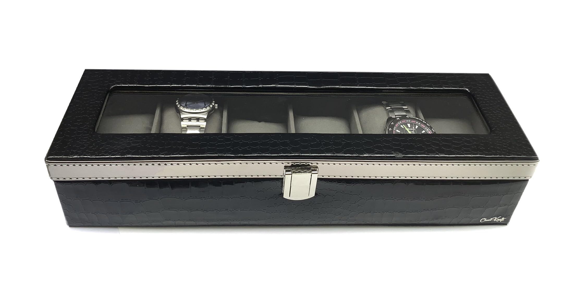 ChestKraft “Black Pearl “ Wine with Steel Finish and Contrast white Thread Top stitch and Transparent Lid, Steel finish, 6 Slot Watch Box/Watch Organizer (B085WW9YN5) Amazon Price History, Amazon Price Tracker