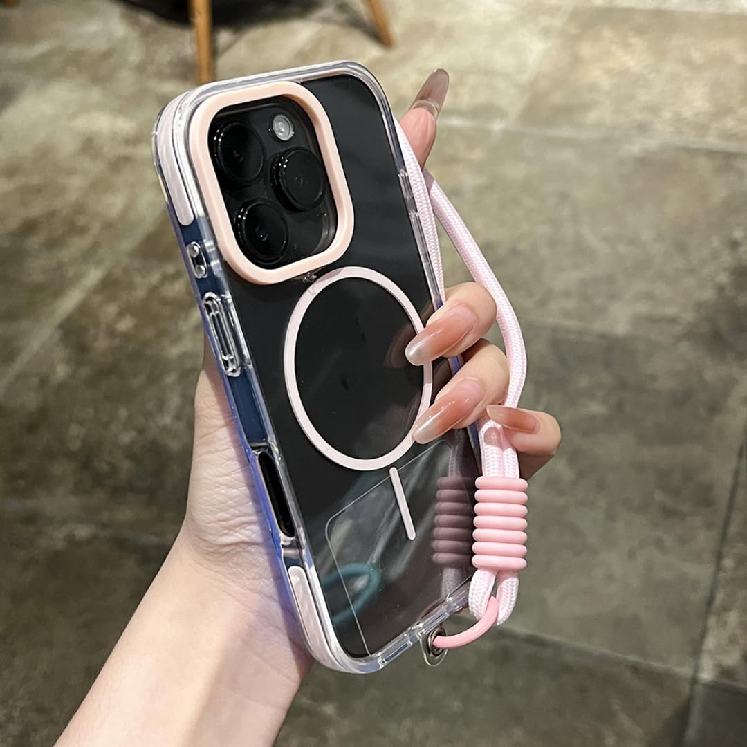 Für iPhone 14 Plus Luxuriöse, transparente, weiche, kabellose, stoßfeste TPU-Bumper-Schutzhülle mit Trageband (für iPhone 14 Plus/Pink)