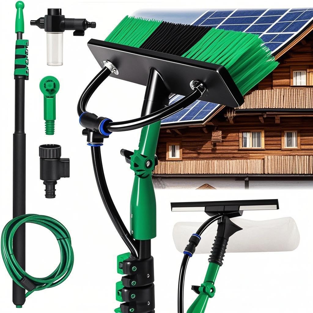 Cepillo de lavado telescópico, 3,6 m con mango telescópico, juego profesional de cepillo telescópico con conexión de agua, limpieza de ventanas y sistemas fotovoltaicos, cepillo telescópico