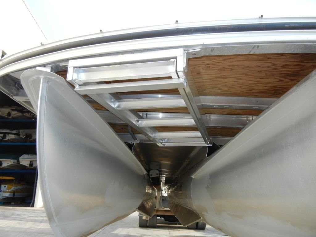 JIF Marine 5-Step Under Deck Pontoon Ladder – Round Front Mount Aluminum Boarding Ladder with Fold-Away Design and 300 lb Capacity