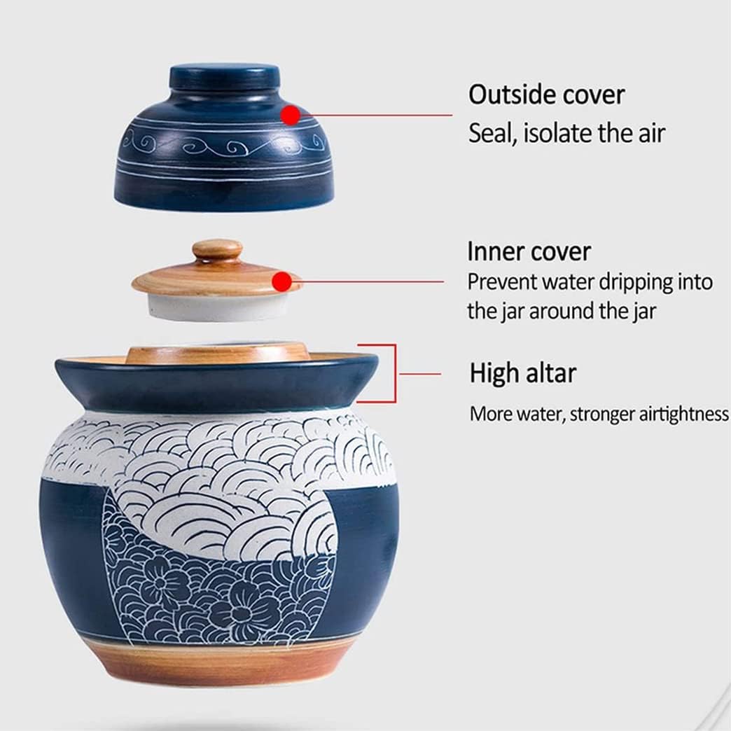 QPZK Blue Traditional Chinese Porcelain Pickle Jar, Ceramic Fermentation Crock Pickling Pot,Fermenting Jar With Water Seal Airlock Lid Stoneware Fermenter for Kimchi Saue 5KG