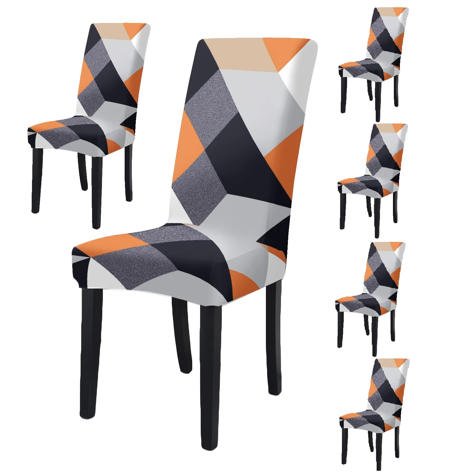 BRIDA® Stretchable Floral Printed Dining Chair Covers Elastic Chair Seat Case Protector, Slipcovers (6 Chair Cover, Orange Geometric)