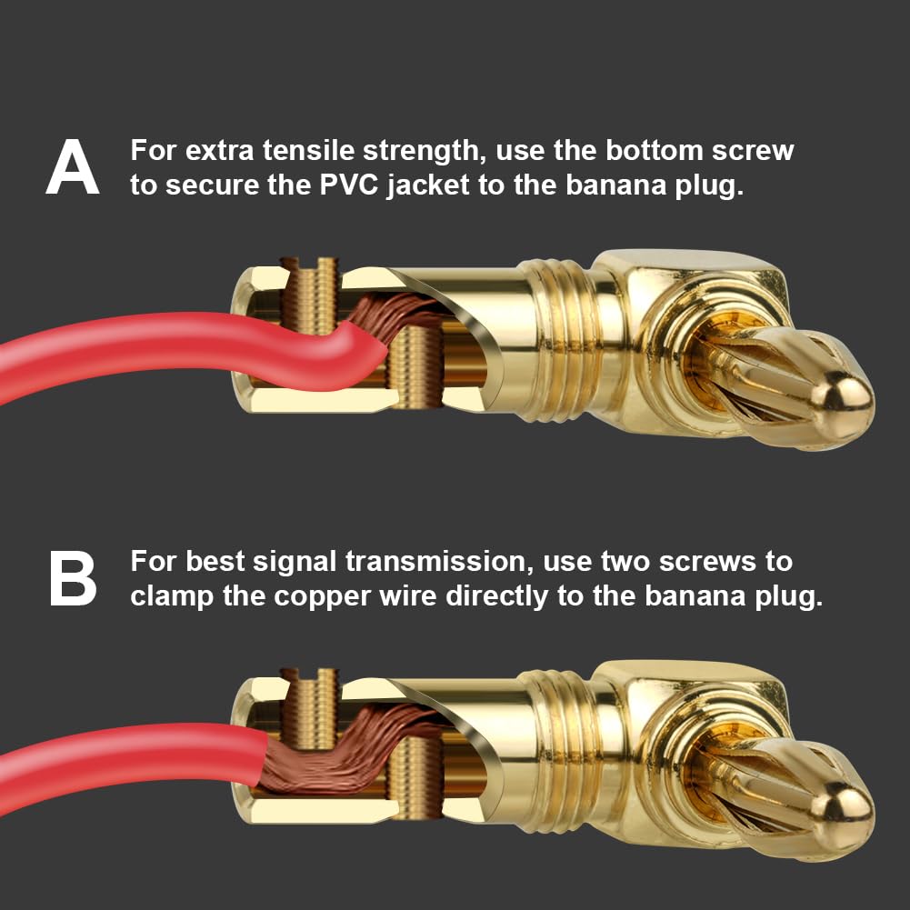 Aolso 24 caratsFiche Banane, 4 Pièces 90 degrés de haut-parleur, connecteur de haut-parleur 4,5 mm, Banane Connecteur pour Haut-Parleur, Amplificateur, Speaker Cable, récepteur stéréo