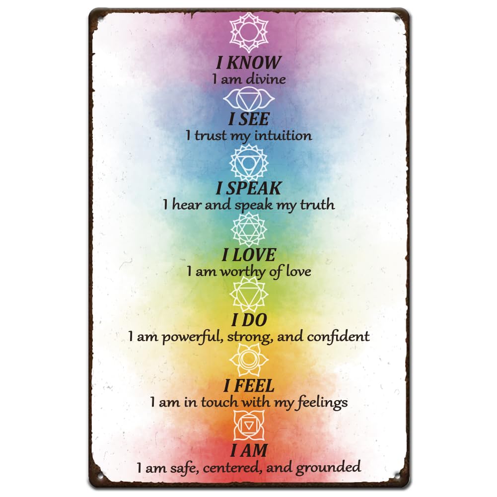 SUPERDANT 7 Chakra Affirmations Metal Tin Signs Meditation Retro Metal Poster Watercolor Woman Motivational Vintage Wall Art Decor Yoga Studio Tin Sign for Home Living Room Bedroom Wall Decor Plaque