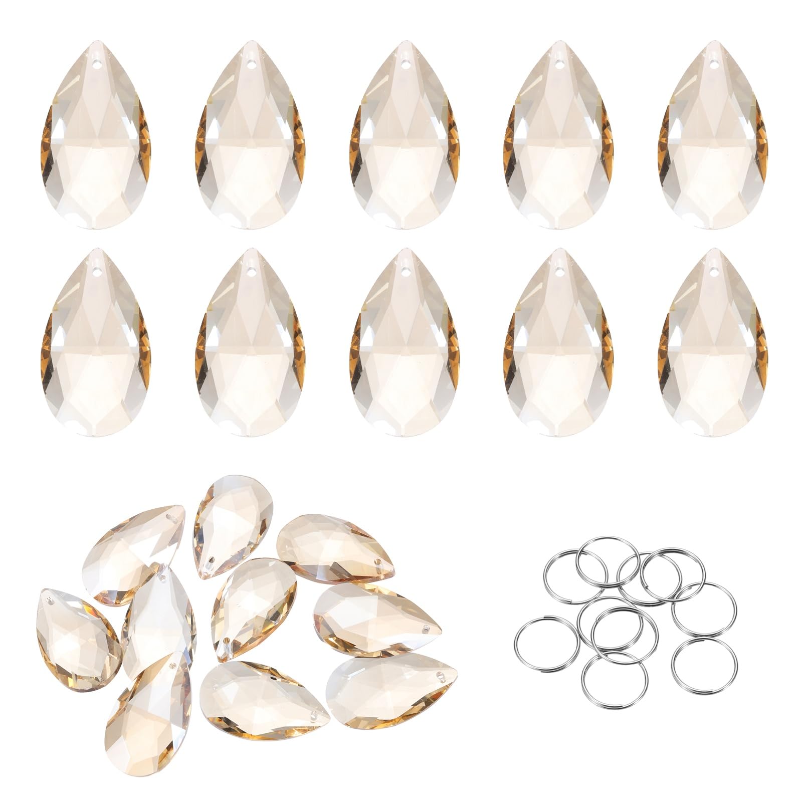sourcing map 10Pcs Teardrop Crystal Beads, 38mm K9 Glass Hanging Chandelier Bead Prisms Part with 304 Stainless Steel Ring for Crystal Chandelier Lamp Pendant Jewelry, Champagne