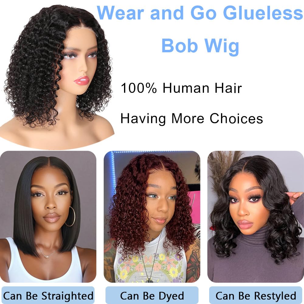 Misser Curly Bob Human Hair 5x5 Glueless Wig Human Hair Deep Wave Lace Front Closure Wigs Pre Plucked Pre Cut 180% Density Wear and Go Glueless Bob Natural Black 8 Inch for Black Women