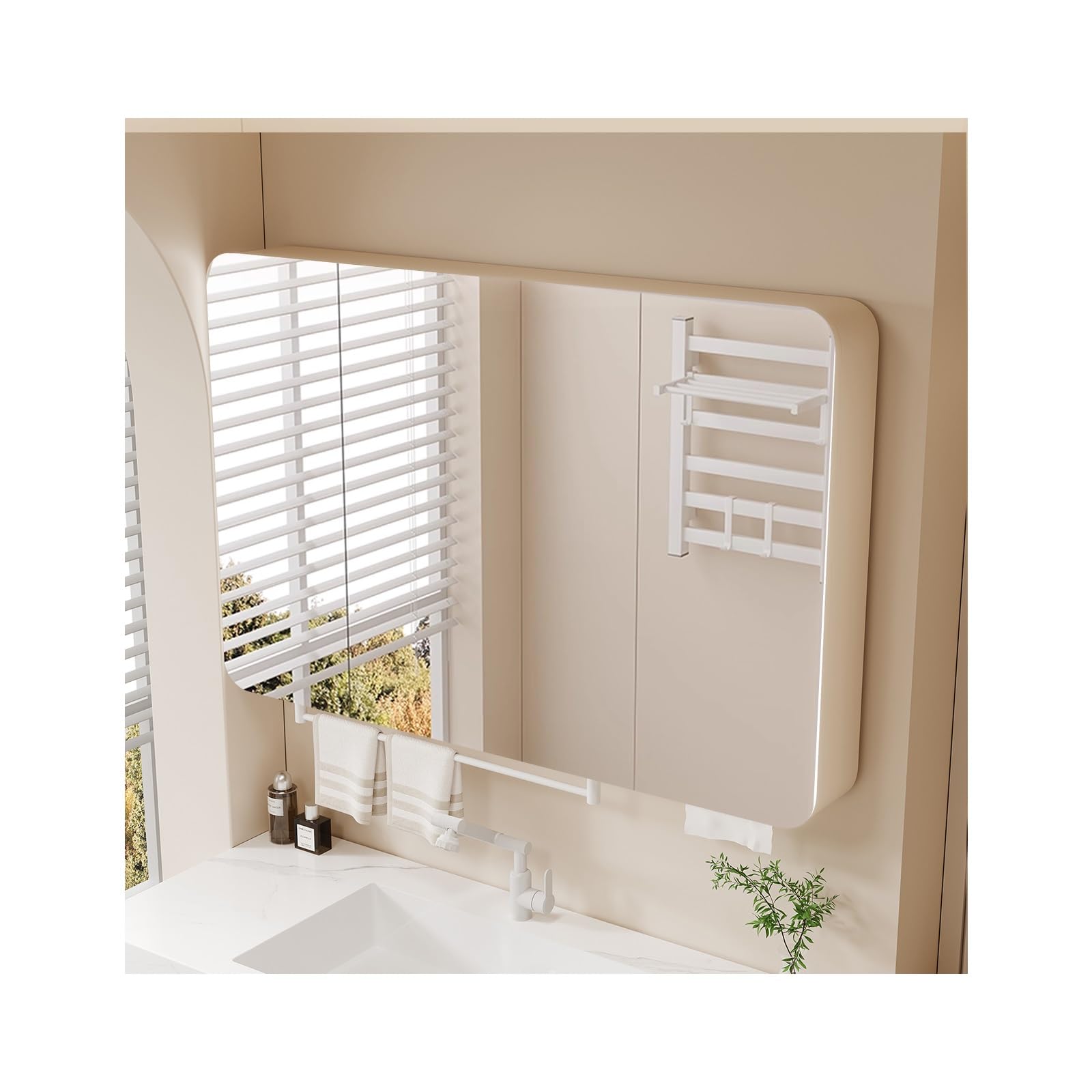 BKSXSOP Wall-Mounted Mirror Cabinet with Light, Waterproof Multi-Layer Storage for Bathroom, Perfect nizing Toiletries and Medications (Latte, 90cm/35.4in)